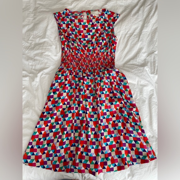 Colorful Kate Spade Silk Geometric Smocked Dress - Picture 2 of 5